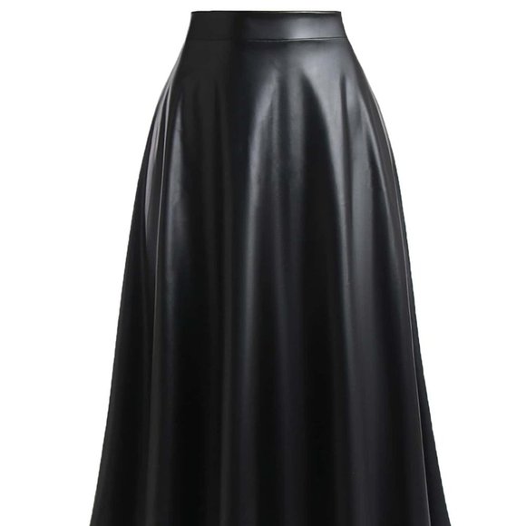 . Dresses & Skirts - Black Preppy Womens Plus Solid PU Leather Flare Skirt